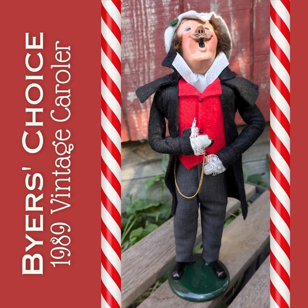 Byers' Choice Caroler 1989 Christmas Man Black Coat Red Vest Brass Pocket Watch